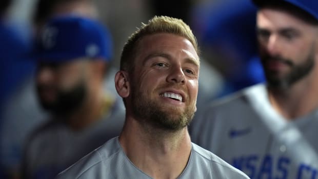 Jun 20, 2022; Anaheim, California, USA; Kansas City Royals first baseman Hunter Dozier (17) celebrates after hitting a solo home run in the eighth inning against the Los Angeles Angels at Angel Stadium. Mandatory Credit: Kirby Lee-USA TODAY Sports